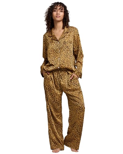 Womens Silk Satin Pajamas Set Button Down 2 Piece Pjs Long Sleeve Oversized Sleepwear with Pockets