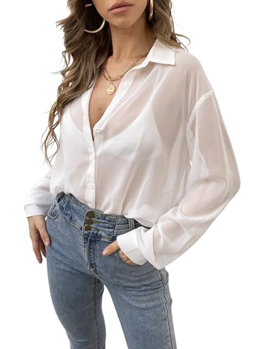 Verdusa Women's Sheer Mesh Button Down Shirt Top Long Sleeve Drop Shoulder Blouse
