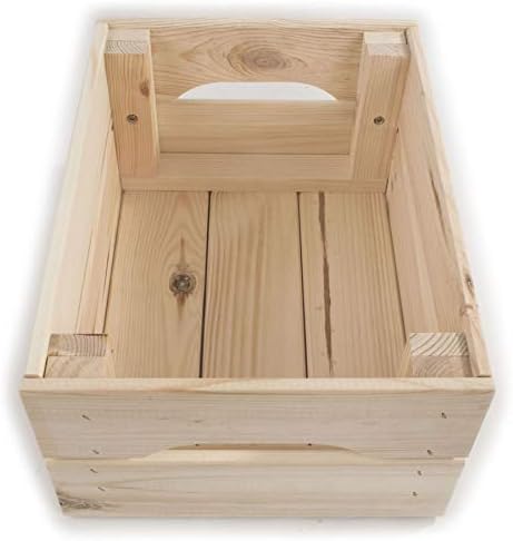 Small Strong Sturdy Decorative Wooden Crate | 31 x 23 x 15 cm | Slatted Solid Storage Box with Handles | Display Plants Apple Fruits DIY Hamper | Unpainted Natural Pinewood