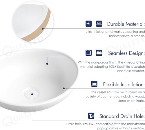 Image of QUALITO White Table Top Wash Basin for Bathroom, Living Room, Hall, Dinning Room | Countertop /Over Counter Ceramic Vessel Sink /Basin | Glossy Finish Table Top Wash Basin (White,16x14x6.5 Inch)