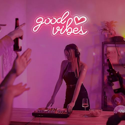 Image of Good Vibes Neon Sign 16.1 X 7.8 inch Pink Good Vibes Neon Light with Red Heart UV-Printed Dimmable USB Powered Aesthetic Led Light Up Sign for Bedroom Girls Room Birthday Party Bar Wedding Present