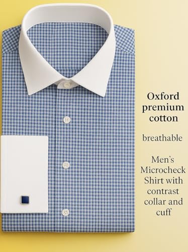 Image of Men's Premium Cotton Formal Dress Shirt - White Collar & French Cuffs with Cufflinks | Solid White, Micro Check & Striped for Office, Wedding
