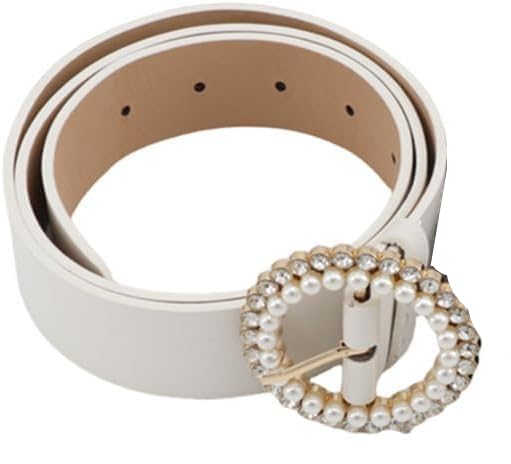 Rhinestone Pearl Accent Belt - Adjustable Leather Waist Belt for Jeans & Dress Pants