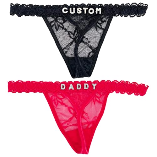 2-Pack Custom Thongs With Name on It, Personalized Name Panties Hand-Sewn Rhinestone Underwear for Women Valentines Day Black