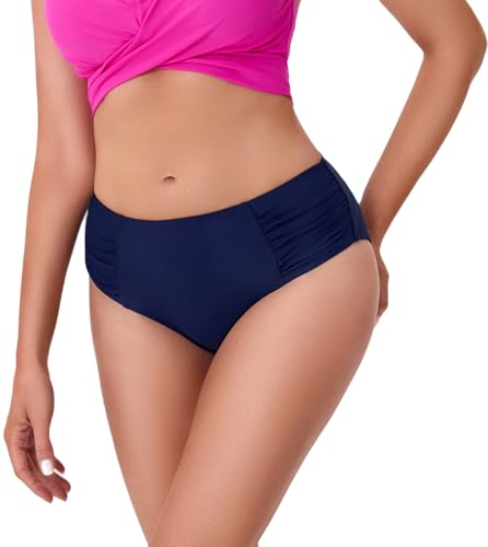 Image of COCOPEAR Full Coverage Bikini Bottoms for Women Mid Rise Bathing Suit Bottoms for Women Ruched Tummy Control Swim Bottoms