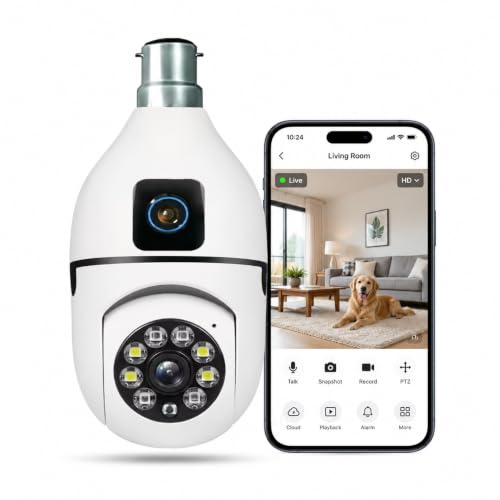 Image of Eyetech 4MP Dual Lens 4MP /8MP WiFi Smart Light Bulb Camera for Home | Full HD | Color Night Vision | Two Way Audio | Wireless Indoor Security Camera with Mobile App V380 Pro (Dual Lens Light Camera2)