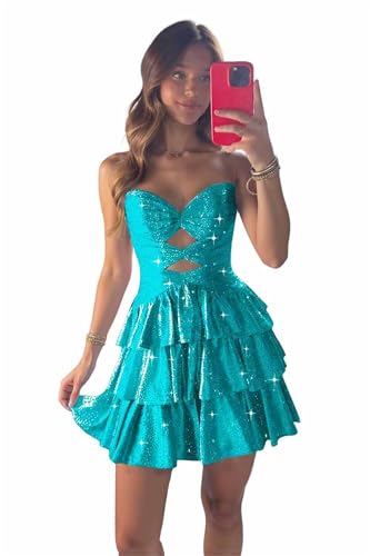 Sparkly Beaded Strapless Homecoming Dresses Cut Out Short Prom Dress Sequin Tiered Cocktail Party Gowns