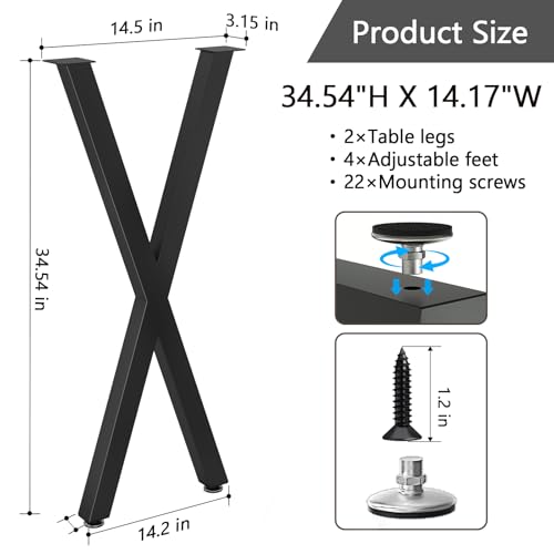 SNYXXOZ Table Legs 36”H x 15”W Heavy Duty Metal Furniture Legs X Shape for Dining Table Kitchen Table Office Desk Table Base Replacement with Adjustable Feet Pads Screws 1000 LBS Load Black Set of 2 — view 2