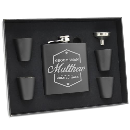 My Personal Memories, Engraved Personalized Groomsmen Flasks Gift Box Set - Wedding Favors - Custom Monogram Groomsman - Badge Style - Black