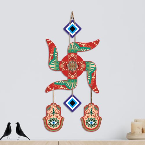 Image of Artvibes Colorful Swastik Wall Hanging with Evil Eye & Hamsa Hand | Decorative Vastu Decor for Home Entrance and Temple | Symbol of Prosperity | Good Fortune | Positive Energy Art Gift (WH 85105N)