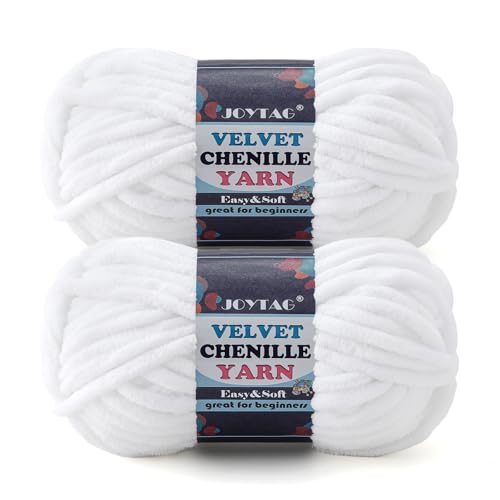 Image of 2 Pack Chunky Chenille Yarn for Crocheting and Knitting Beginners,Thick Bulky Plush Fluffy Velvet Soft Baby Blanket Crochet Chenille Yarn for Crocheting Blankets /Amigurumi /DIY Crafts(White