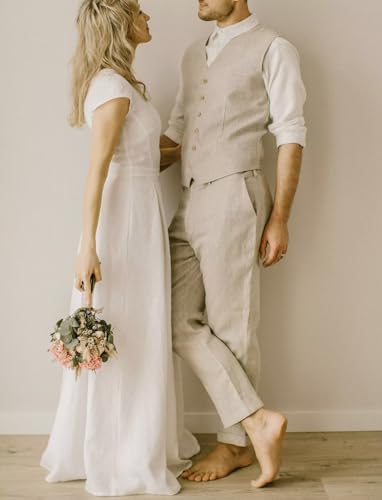 Mens Linen Suit Slim Fit 2 Piece Linen Suit for Men Beach Wedding Lightweight Summer Casual Prom Vest Pants Set2