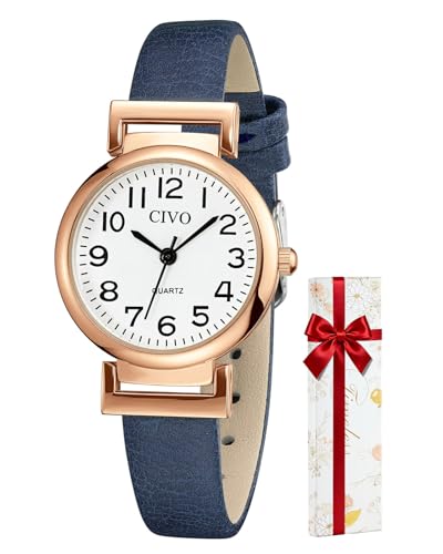 CIVO Uhr Damen Lederarmband Blau Analog Quarz Wasserdicht Armbanduhr Damen Minimalistische Klassisch Elegante Kleid Geschenke Uhren fur Damen