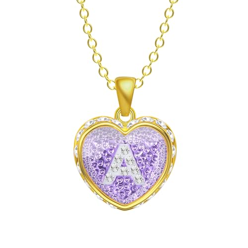 Ahiller Heart Initial Necklace,Crystal Diamond Letter Pendant,19"-21" Adjustable Necklaces for Women Trendy Name Jewelry Purple Gold A