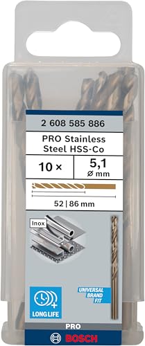 Bosch 10x PRO Stainless Steel HSS-Co Spiralbohrer (für Stahl, Edelstahl, Ø 5,10 mm, Professional Zubehör Bohrmaschine/Schrauber)