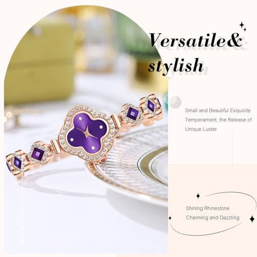 RORIOS Women Quartz Watch Four Leaf Clover Girls Watches Crystal Diamond Stainless Steel Bracelet Waterproof Wristwatch Analogue Display Fashion for Ladies Purple by RORIOS - Image 3