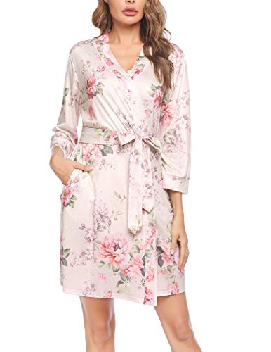 UNibelle Damen Morgenmantel Kurz Saunamantel Dünn 3/4 Ärmel Bademantel Kimono Robe Negligee mit Bindengürtel Sommer Rosen L