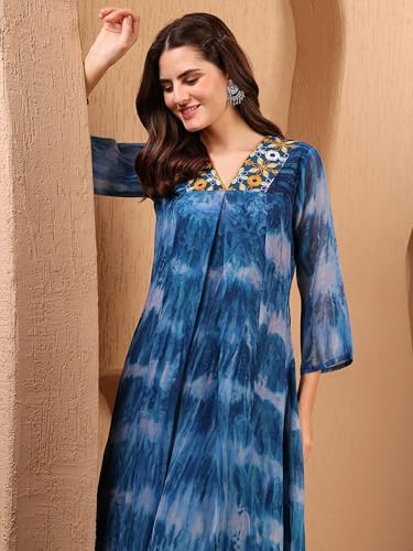 Image of EthnicJunction Women Georgette Relaxed Fit Tie & Dye & Embroidered A-Line Flared Kurta,Summer Kurta,Kurta For Office,Long Kurti