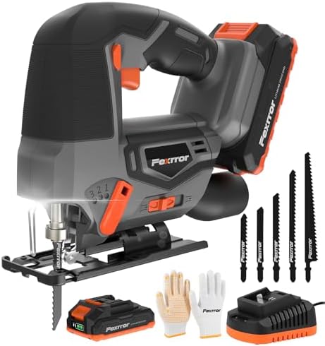 Fexrror 20V Cordless Jigsaw Tool with 2000 mAh Battery, Electric Jig Saw Tool with LED Light, 0°-45° Bevel Cuts, 4-Position Orbital Setting for Straight/Curve/Circle Cutting