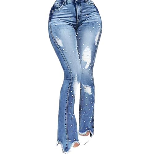 WGXWGX Women Pearl Jeans Ripped Distressed Denim Pants High Waist Casual Baggy Boyfriend Trousers Light Blue