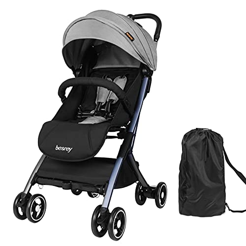 besrey Baby Travel Stroller, Lightweight Stroller with Reclining Seatback, Foldable Compact Stroller for Airplanes, Infant Stroller with UV Protection Canopy 5-Point Safety Harness Fit for 0-3 Years