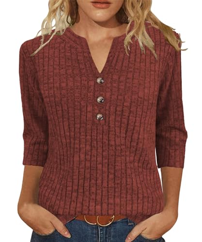 Womens Sweaters 3/4 Length Sleeve Tops Fall Fashion V Neck Pullover Casual Blouses Loose Sweatshirt Winter Clothes