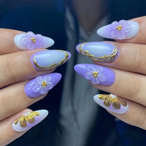 OCTOSWAVE Press on Nails Almond Medium - Lavender Purple 3D Flower Fake Nails with Gold Designs, 24Pcs Glossy Glue on Nails for Women, 15-Min DIY Home Manicure Kit for Party & Events