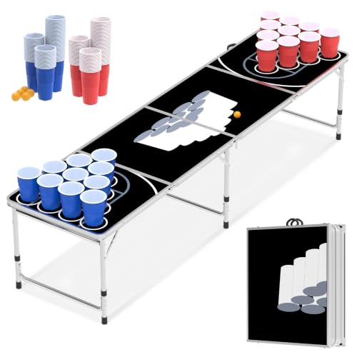 AufuN Beer Pong Set de table pour adulte avec 6 balles et 100 gobelets Hauteur réglable Table de pong pliante en aluminium et MDF Jeu de fête classique Noir