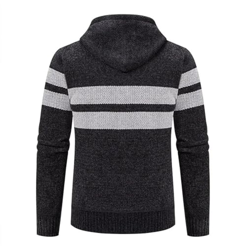 Men’S Fleece Lined Knitted Hooded Sweatercoat Patchwork Turn-Down Collar Long Sleeve Full Zip Casual Cardigan2