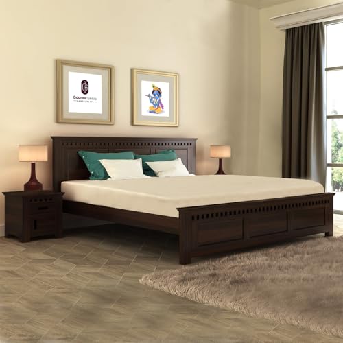 Sheesham Wood Queen Size Bed Without Storage | Wooden Bed Queen Size Double Cot Palang Bed for Bedroom | Kuber Design Headboard Bed for Living Room | Walnut Finish