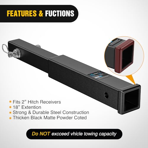 Image of Nilight Trailer Hitch Extender 18 Inch Extension Length Fits for 2 Inch Receiver Tube with 5 /8 Inch Stainless Steel Bolt Flange Nut and Clip 3,500 LBS GTW Matte Black