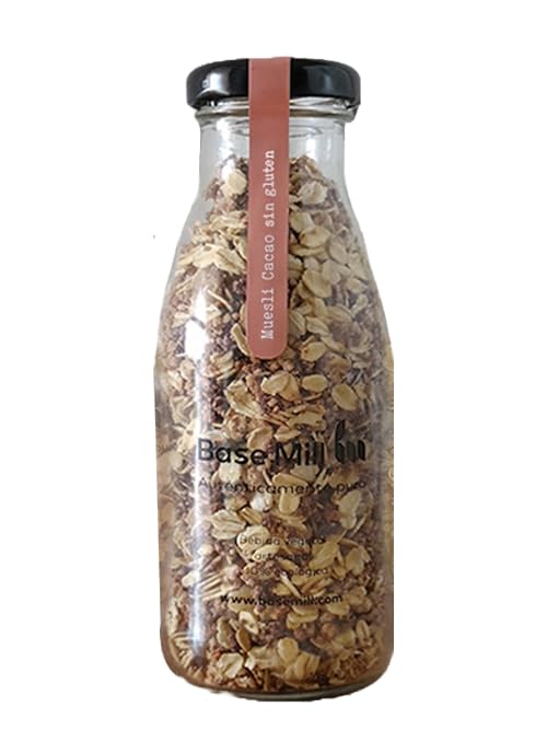Base Mill Pack de 3 Muesli Cacao Ecológico Sin Gluten (140g) – 100% Vegano, Rico en Proteínas y Fibra – Con Almendras, Dátiles y Chips de Chocolate Orgánico – Desayuno Saludable y Energético