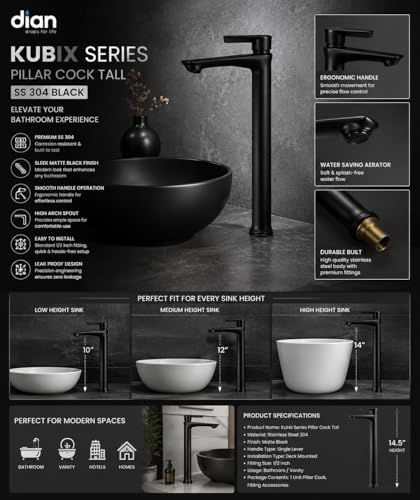 Image of SS Kubix Pillar Cock Tall Boy- Black | Premium Stainless Steel | Heavy Duty Construction | Smooth Polished Finish on high Neck Pillar Cock | ONLY Cold Water Outlet | 12 INCH Height
