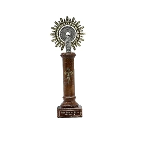 Genérico Figura Virgen del Pilar - Columna de Alabastro con Corona de Metal - Virgen del Pilar Color Marrón (24 Centímetros)