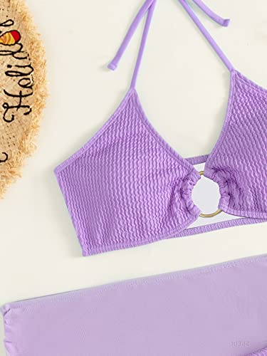 Makemechic Women's 3 Piece Bathing Suits Halter Ring Bikini Set With Cover Up Skirt Violet Purple L #TOP4
