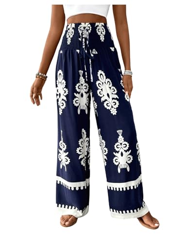 WDIRARA Women's Boho Floral Print Wide Leg Pants Smocked Drawstring High Waisted Trousers