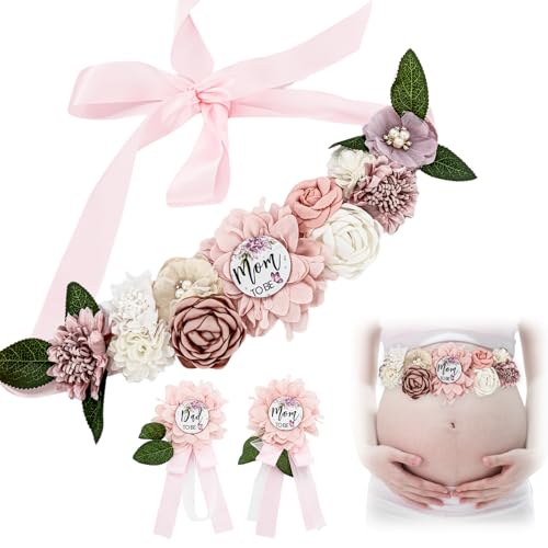 KURTOPLLY Flower Sash Set, Baby Shower Sash Mom to Be Daddy to Be Corsage Pin, Pink Flower Belt for Maternity Dress for Photo Props Gender Reveal Decorations Pregnant Mommy Dress Gift