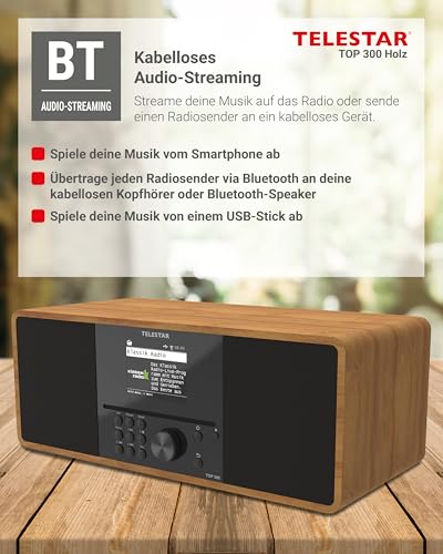 TELESTAR TOP 300 – DAB+/Internetradio mit CD-Player (Stereo, 2 × 15 W, Streamingdienste, Bluetooth Audio-Streaming & Sendefunktion, USB-Recording, Notfallwarnsystem) – Holz