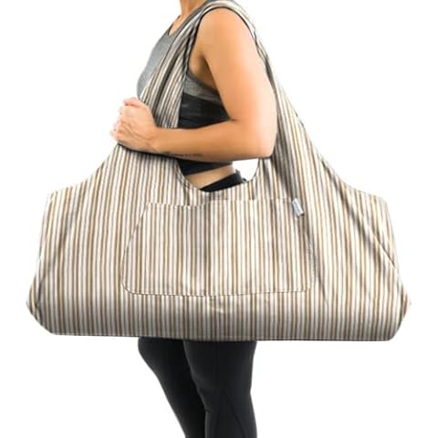 Yogiii Yoga Mat Bag | The ORIGINAL YogiiiTotePRO | Large Yoga Mat Bag or Yoga Mat Carrier with Side Pocket | Yoga Bag Fits Most Size Mats (Striped Latte Beige) Cover