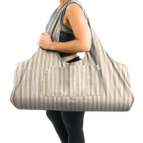 Yogiii Large Yoga Mat Bag | The ORIGINAL YogiiiTotePRO | Large Yoga Bag or Yoga Mat Carrier with Side Pocket | Fits Most Size Mats (Striped Latte Beige)