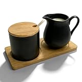 BORDEAG Milch und Zucker Set, 260ml Zuckerdose Milchkännchen, Milchkanne Zuckerdose, Milchkännchen Schwarz Keramik und Zuckerdose mit Holz Tablett Deckel und Löffel für Küche und Café, Matt Schwarz