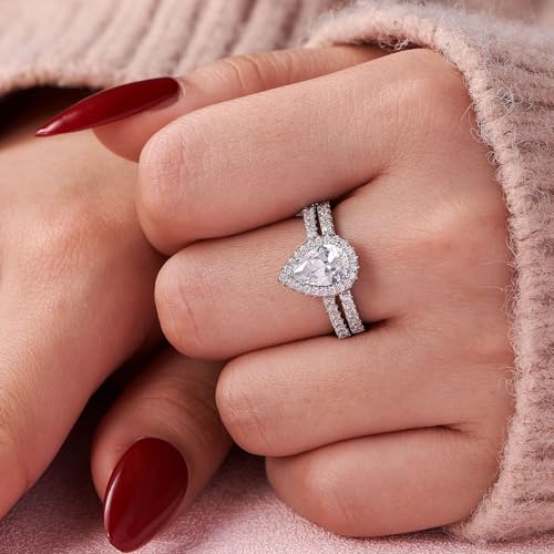 Wuziwen Pear Cut Wedding Band Bridal Ring Set for Women Halo CZ 925 Sterling Silver4
