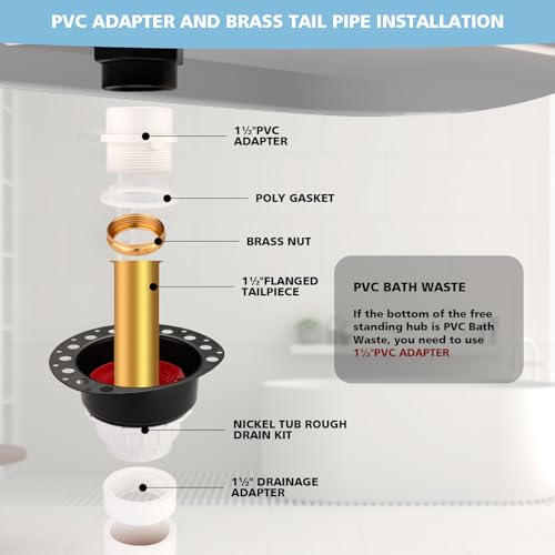 Freestanding Tub Drain Rough-in Kit, Bathtub Drain Kit with PVC Plastic Adapter and Brass Tail Pipes, Compatible with Freestanding Bathtub, Floor Mounted Bathtub and Copper Bathtub by Noarixa - Used condition - Image 5