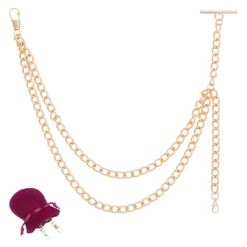 CRAFTYMELODY 1Pcs Pocket Watch Chain Golden Albert Pocket Watch Chain with Red Velvet Bag Iron Watches Chains Suit Wallet Vintage Style Fob T Bar Chains Costume Accessories for Man Fashions