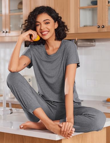 Ekouaer 2 pack Pajama Sets for Womens Jogger Pants Pjs Short Sleeves Lounge Set Soft Sleepwear with Pockets3