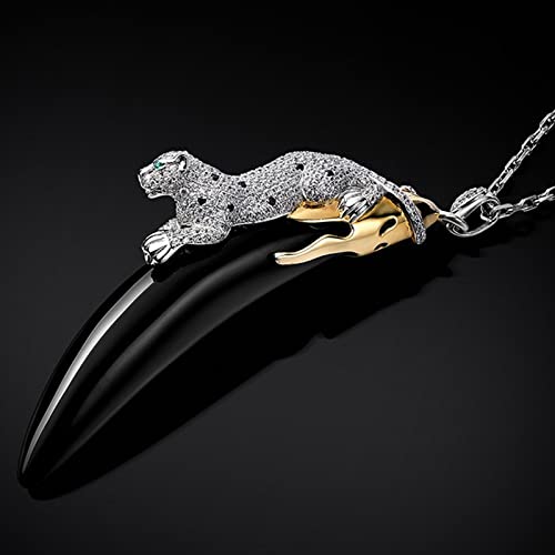 Zonesbo Wolf Tooth Animal Pendent Fenir Viking Necklace Cheetah Statement Jewelry Black Onyx Gemstone Gorgeous 925 Sterling Silver Cubic Zircon Vtg Chunky Jewelry,Titanium Steel Chain,50Cm #TOP2