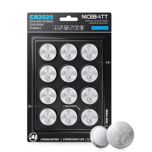 NICEBATT Cr2025 3V Lithium Battery 12 Pack High Capacity 2025 Batteries for Key fobs Remote Controls