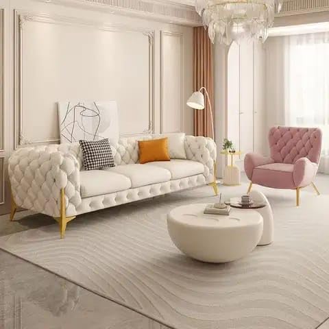 Image of A to Z Furniture Classic 3+1+one Puffy 4 Seater Sofa Set Luxury Chesterfield Velvet Sofa in for Home Living Room & Office (Off White)