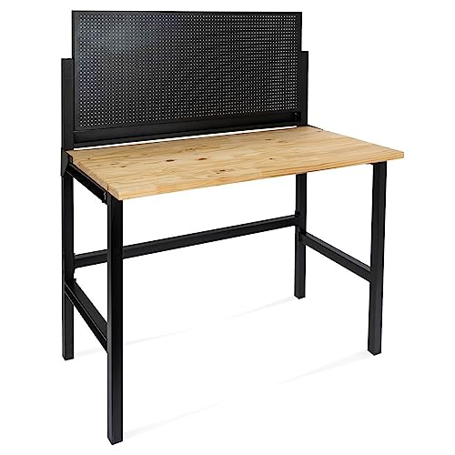 HEMMDAL Werkbank mit Lochrückwand | 150 kg Tragkraft | HxBxT 142 x 121,5 x 64,6 cm | 2,5 cm Starke geölte Holzplatte | klappbar | stabiles Stahlgestell | Profi-Arbeitstisch für Enge Räume
