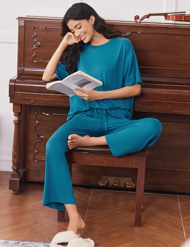 Image of Ekouaer Lounge Sets for Women Short Sleeve Tops and Long Pants Soft Comfy Pajamas Set 2 Piece Outfits
